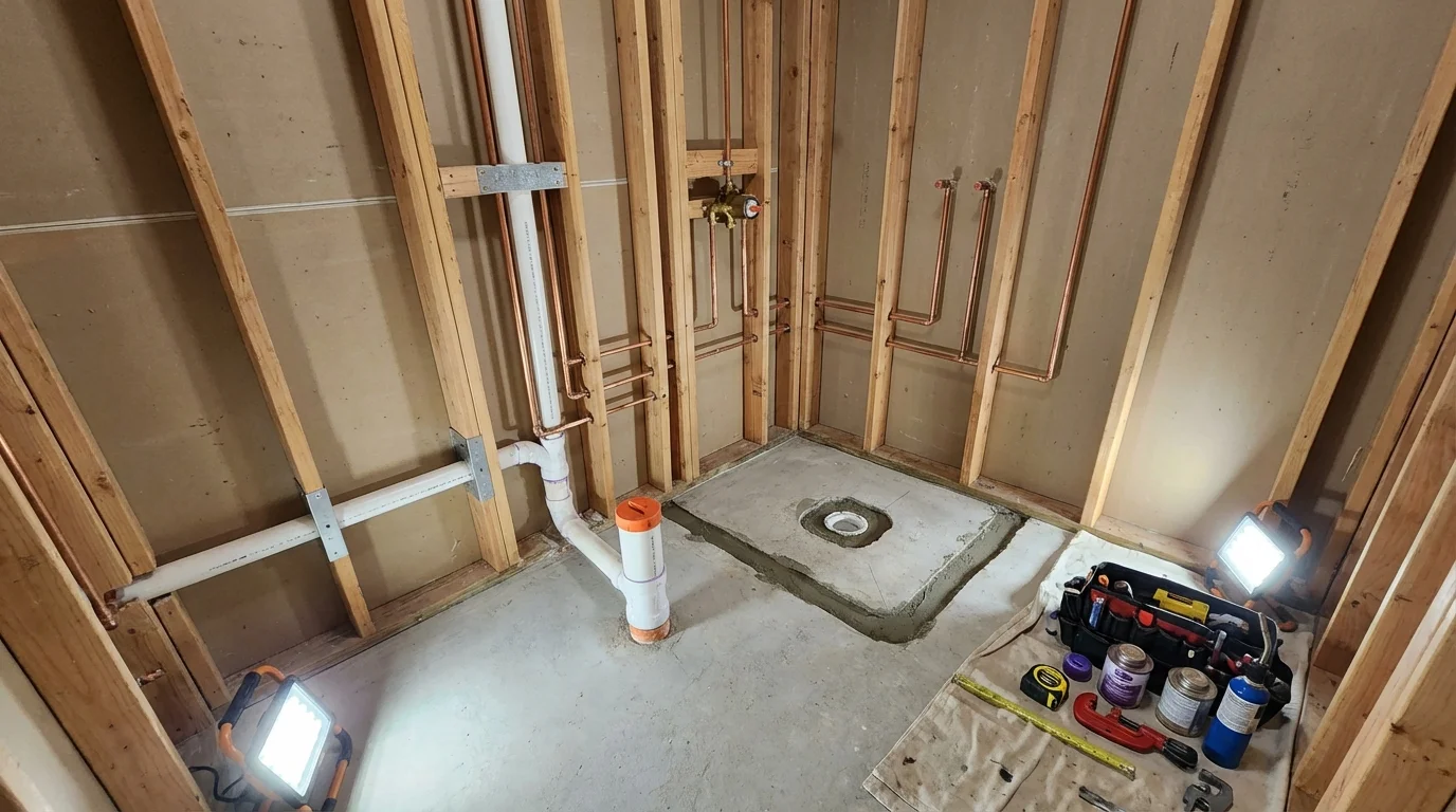 Bathroom rough-in plumbing during remodel by Johns Plumbing LLC in Antrim