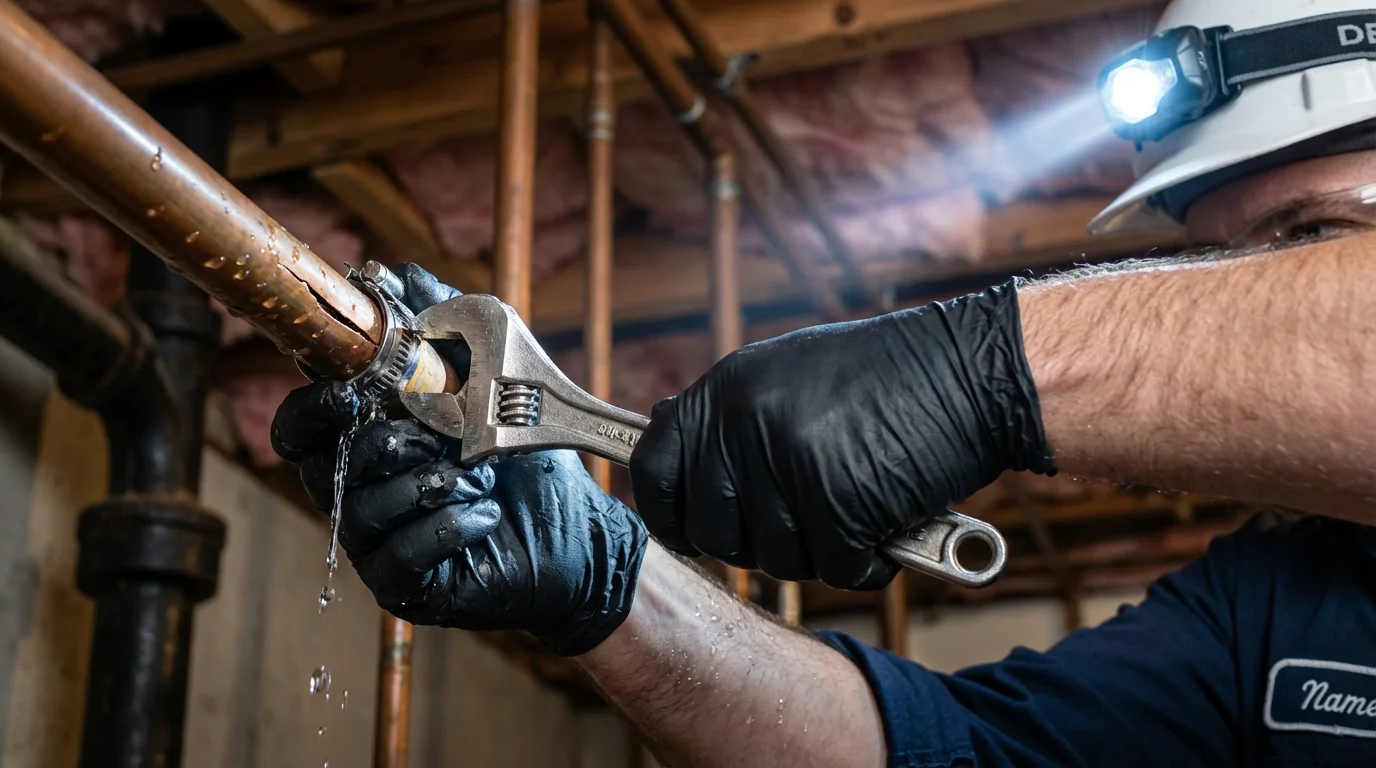 Emergency pipe clamp repair being performed by a Johns Plumbing LLC plumber in Antrim