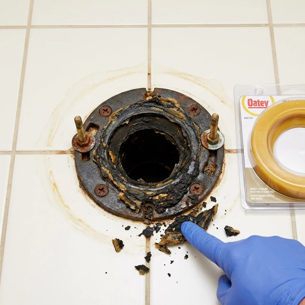 Failed wax ring showing water seepage at the base of a toilet in a Antrim, NH home
