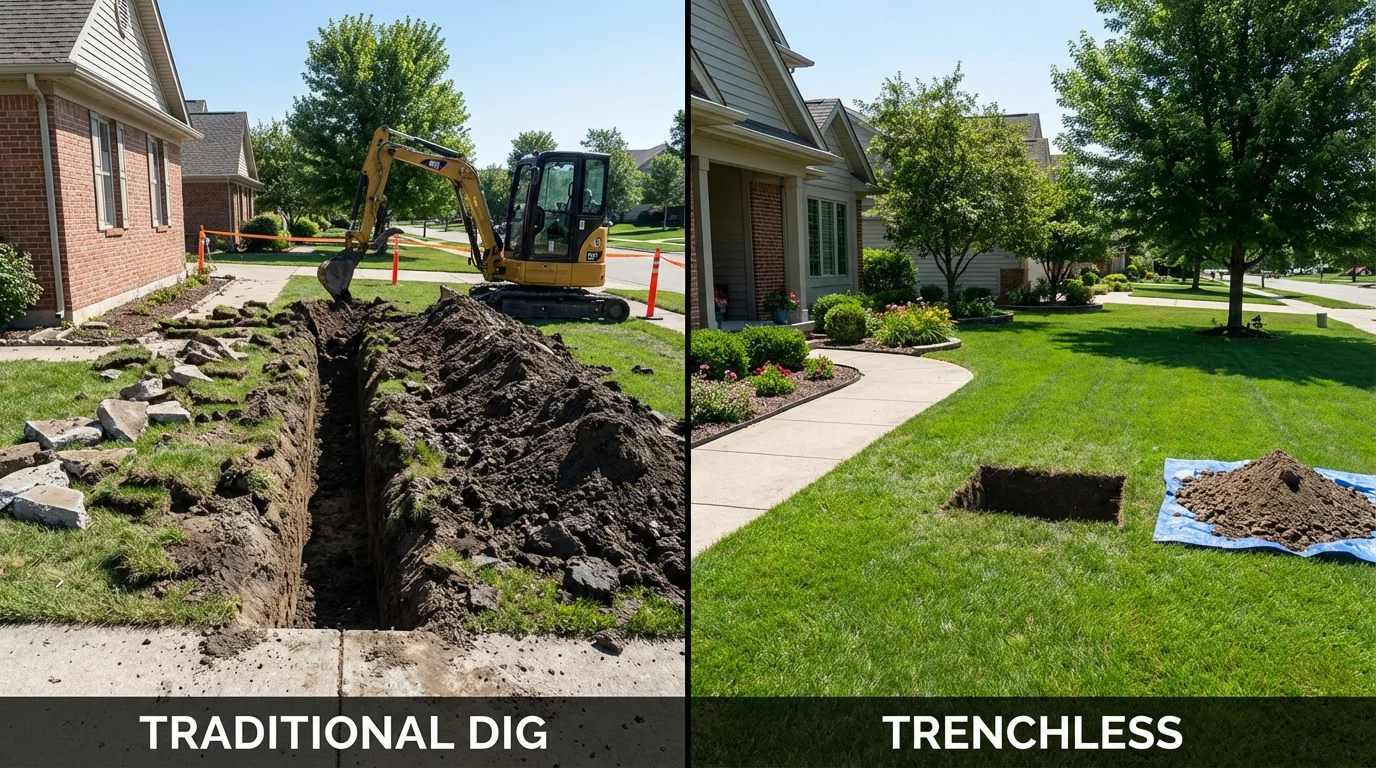 Trenchless sewer repair with minimal yard damage versus traditional excavation in Antrim, NH