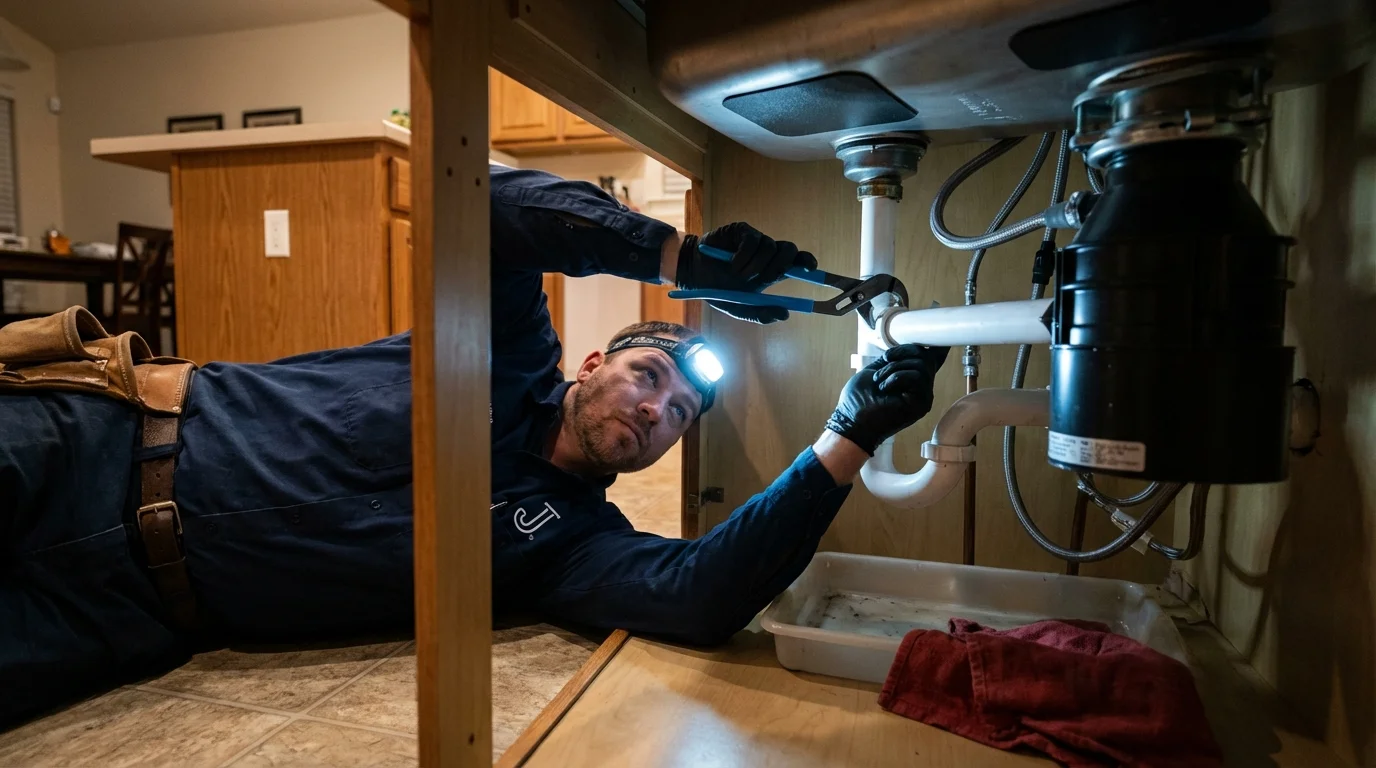 P-trap and supply line connections under a kitchen sink showing a common leak point in Antrim, NH